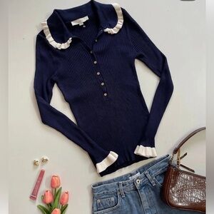 LOFT Ruffle Collar Ribbed Sweater Navy Preppy Coquette Button Polo Womens M